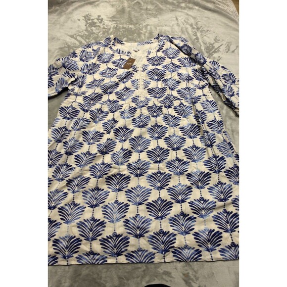 J.Jill Women's 3X Blue White Floral 100% Cotton Printed Split Neck Dress NWT - Picture 1 of 9